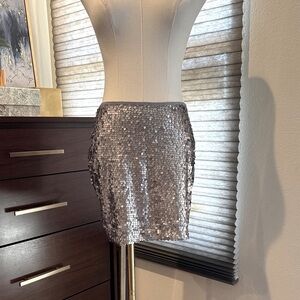 NWT Woman's Express Sequin Silver Mini Skirt. Size Small but runs LARGE